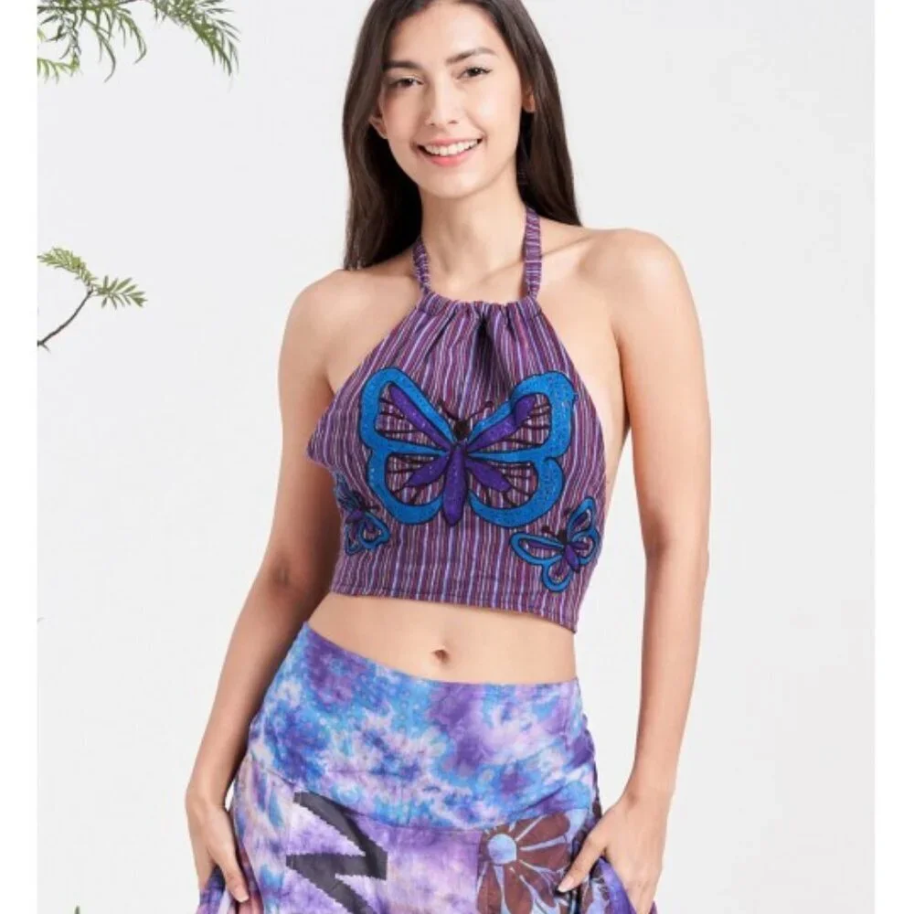 Kathmandu Imports Striped Butterfly Embroidered Tie Back Cotton Halter Top NWT